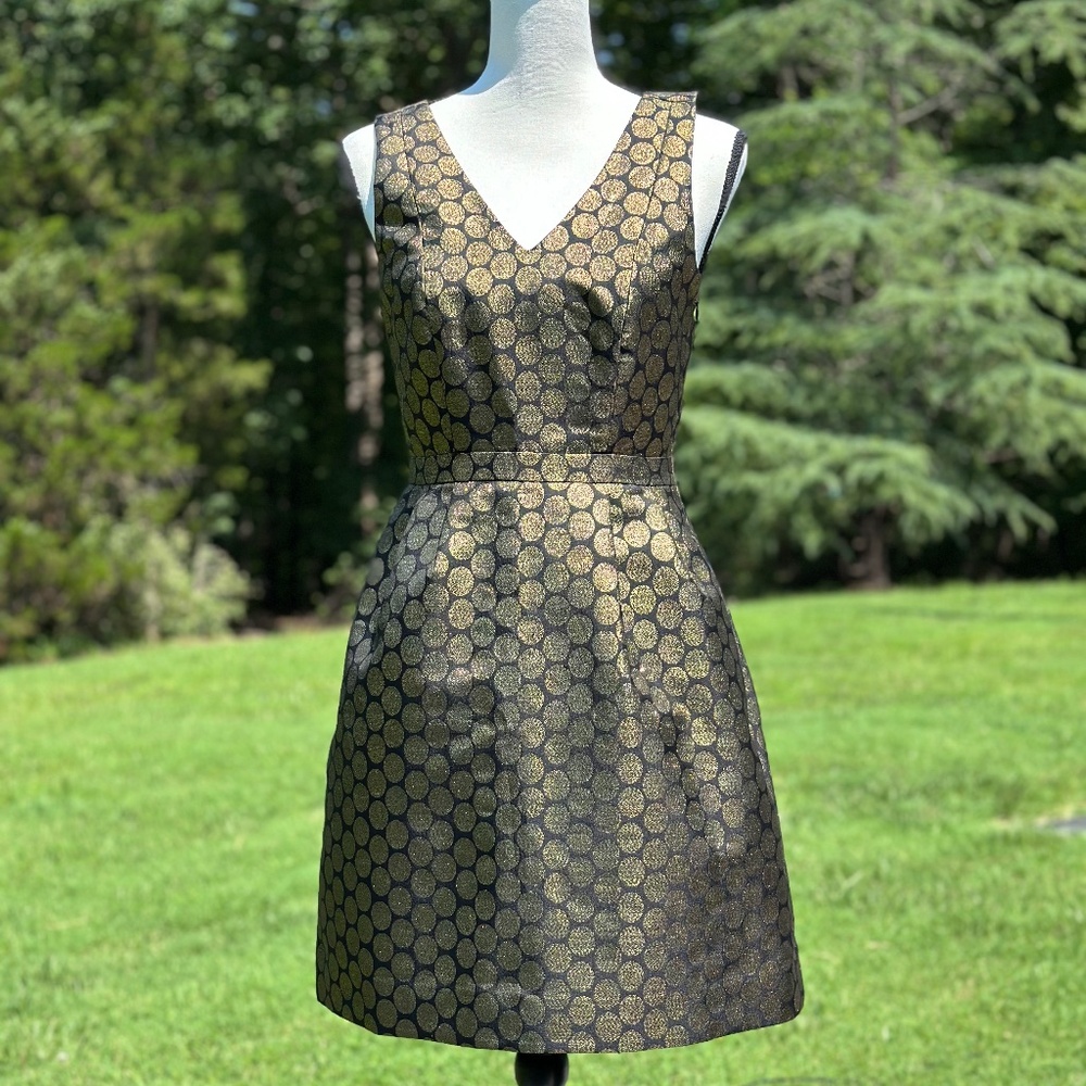 J Crew Metallic Dot Jacquard V-Neck Cocktail Dress Size 2 Black/Gold